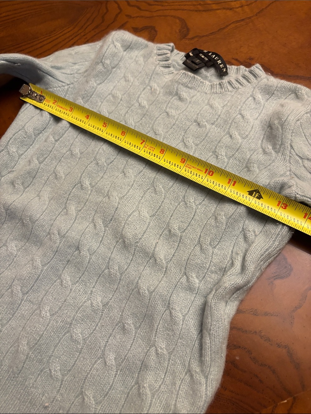 Ralph Lauren Pale Blue Cashmere Cable Knit Crewneck Sweater Small - Picture 8 of 9